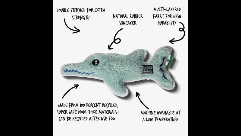 Eco-friendly Resploot Tuffles Dolphin dog toy, 32cm, made from recycled materials for durable and responsible playtime.