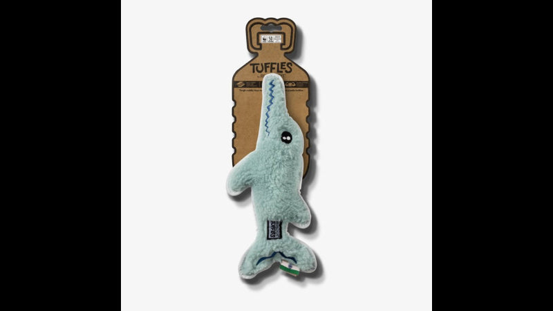 Eco-friendly Resploot Tuffles Dolphin dog toy, 32cm, durable for rough play, made from 100% recycled materials.