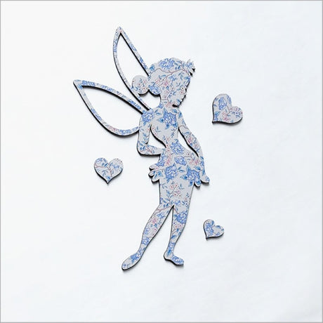 Tinkerbell wall art featuring a vintage floral blue design with hearts, perfect for nurseries and whimsical decor.