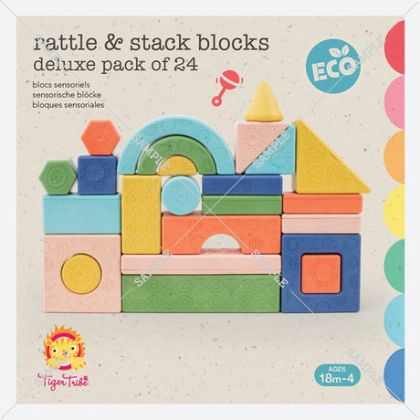 Eco-friendly stacking blocks set by Tiger Tribe, featuring 24 vibrant, rattle-filled sensory toys for toddlers.