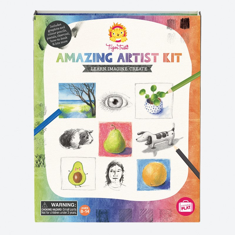 Amazing Artist Kit by Tiger Tribe with art supplies, guided book, and storage box for creative kids aged 8-14.