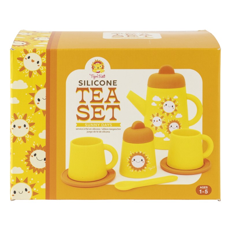 Vibrant silicone tea set for kids featuring teapot, cups, saucers, sugar bowl, and spoon for imaginative play.