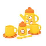 Vibrant retro silicone tea set for kids, perfect for imaginative play and safe mess-free tea parties indoors or outdoors.