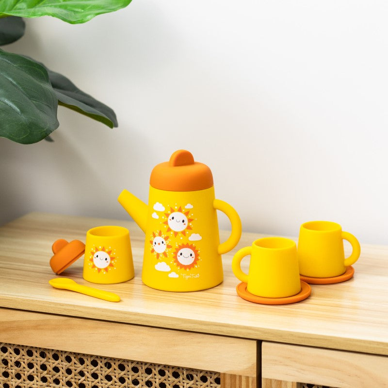 Colorful Silicone Tea Set by Tiger Tribe for kids, featuring a teapot, cups, and accessories for imaginative play.