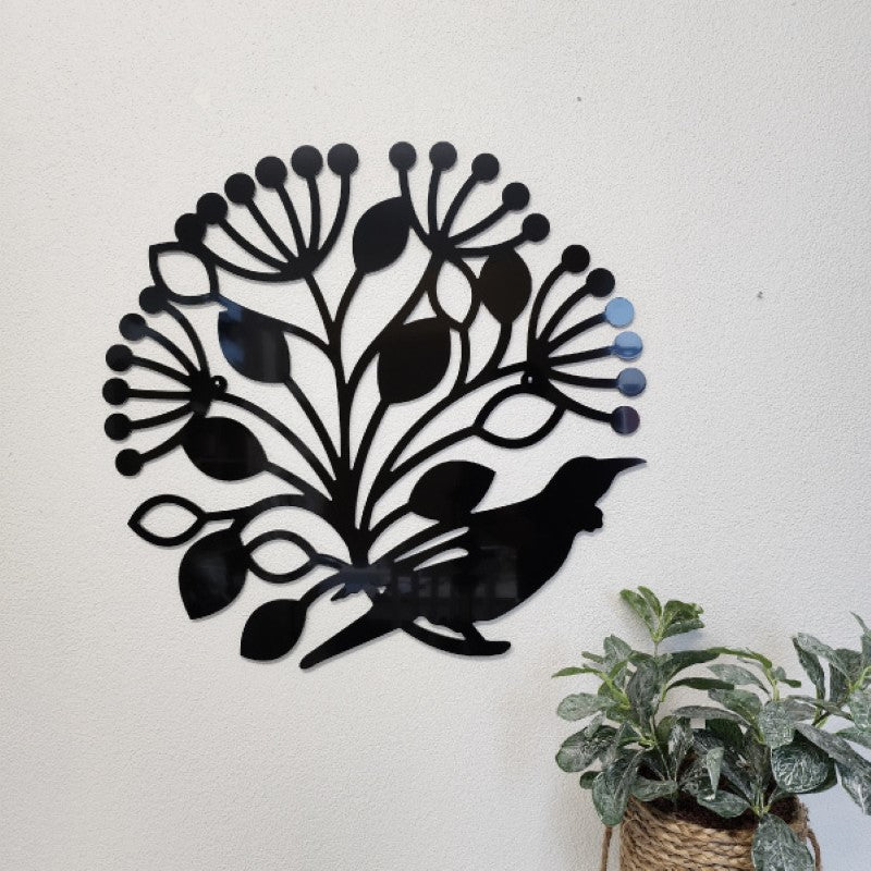 Large black Tui Pohutukawa wall art in Kiwiana style, made from durable ACM, suitable for indoor/outdoor display.