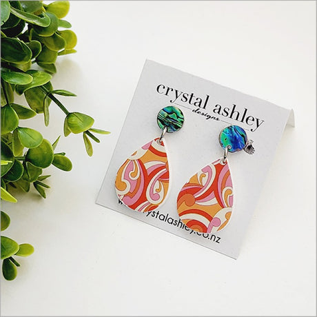 Lightweight teardrop earrings crafted from Paua and acrylic, showcasing Kiwiana style with vibrant blues and greens.