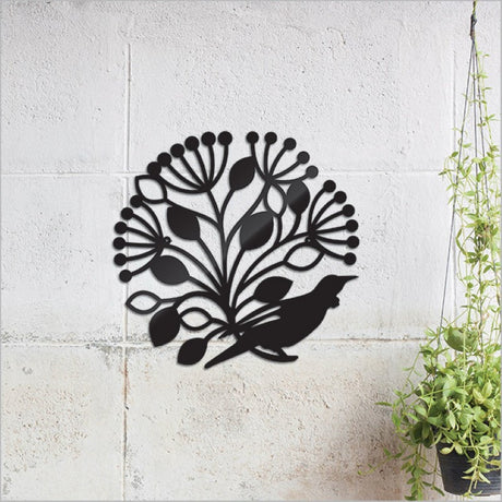 Black Kiwiana wall art featuring a Tui and Pohutukawa design, crafted from durable Aluminium Composite Material, size 396mm x 382mm.