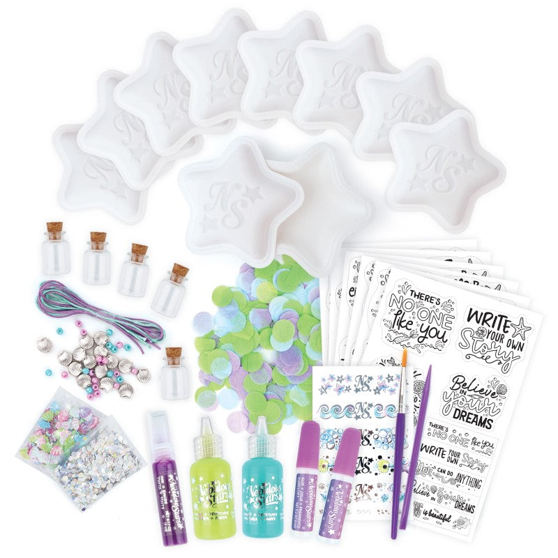 Craft kit for kids to create 5 shooting stars with messages in bottles, colorful paints, and personalized bracelets.