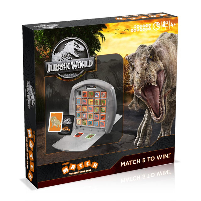 Jurassic World Top Trumps Match game showcasing vibrant dino cards in a portable cube for fun and strategic matching.