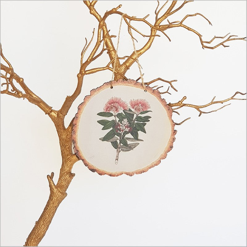 Wood slice wall art featuring vibrant Pohutukawa flowers by Sarah Featon, celebrating New Zealand's natural beauty.