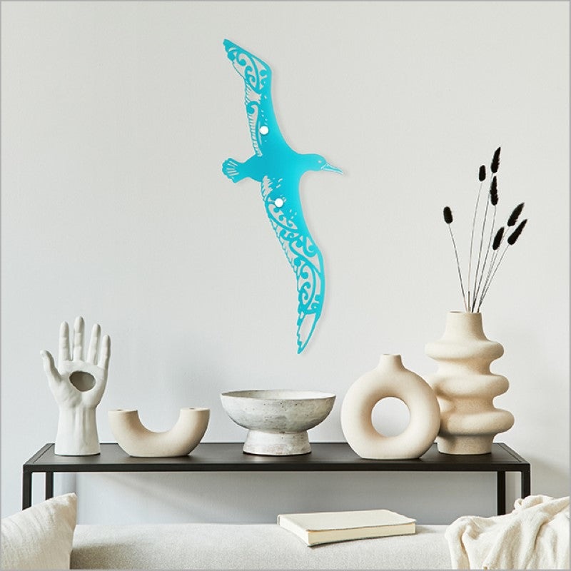 Large teal satin acrylic wall art featuring a majestic albatross, perfect for modern home or office decor.