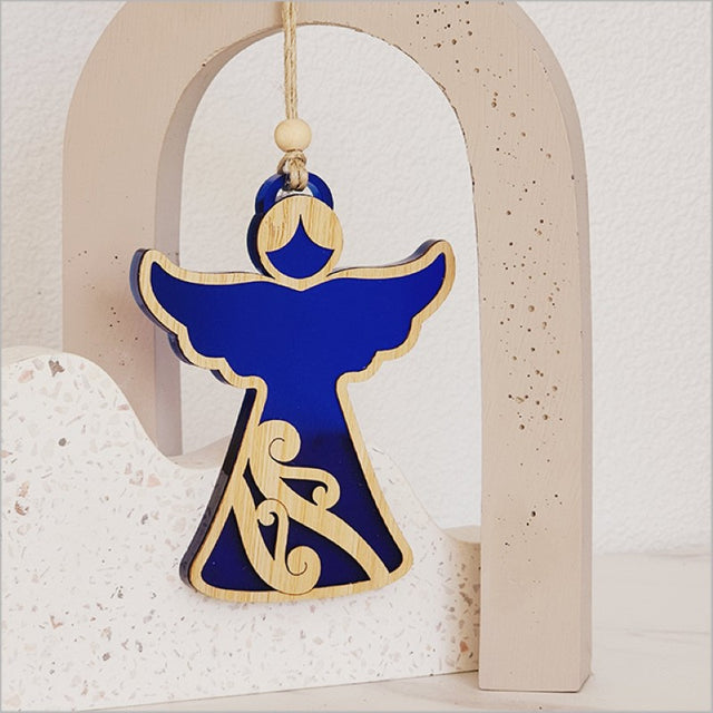 Acrylic angel ornament in blue satin, measuring 87mm x 105mm, perfect for holiday decor or year-round display.