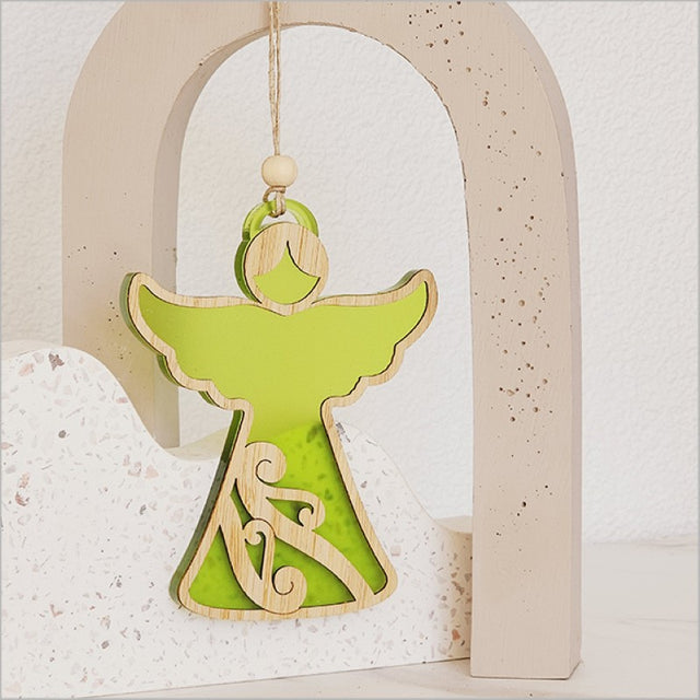 Lime satin acrylic angel ornament, laser-cut designs, perfect for Christmas tree decoration, comes ready to hang.