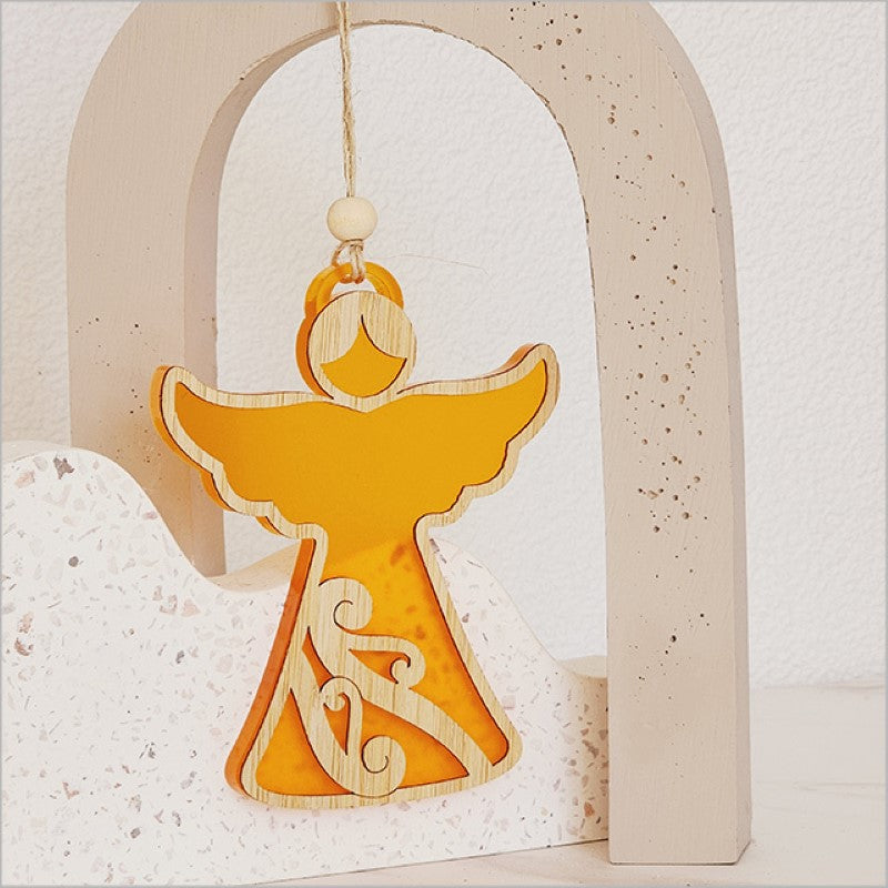 Vibrant orange satin acrylic angel ornament with intricate laser-cut details, ideal for festive decor and gift-giving.