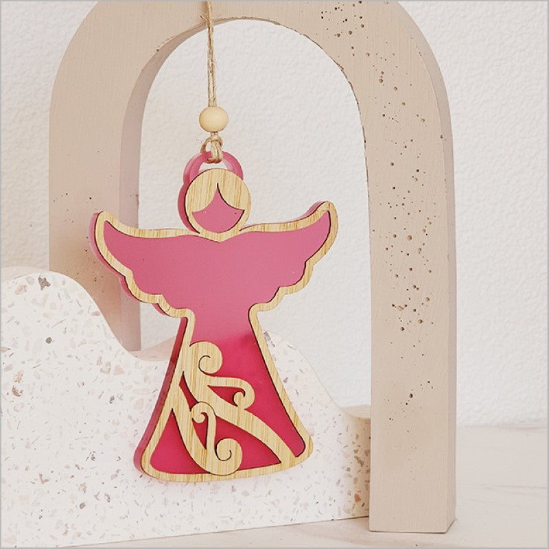 Acrylic angel ornament in pink satin, perfect for holiday decor or as a heartfelt gift, ready to hang and flat-packed for shipping.