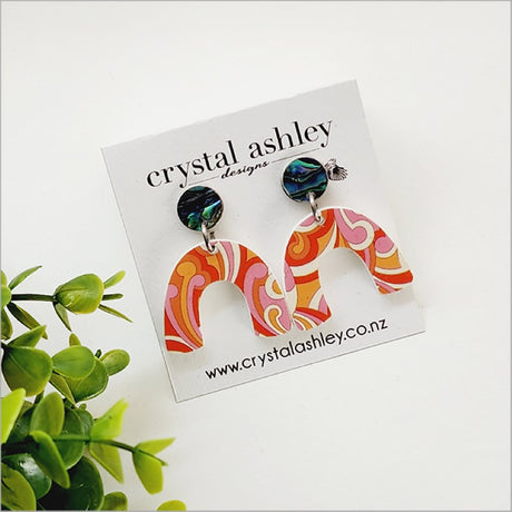 Handcrafted drop dangle earrings featuring vibrant Paua shell and lightweight acrylic in a unique arch design, celebrating Kiwiana.