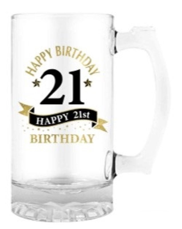 "Elegant 490ml tankard featuring '21st Happy Birthday' design, ideal for celebrating milestone birthdays."