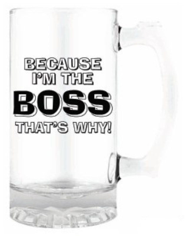 Stylish tankard with "Because I'm The Boss" text, 490ml capacity, perfect for enjoying beverages and making a statement.