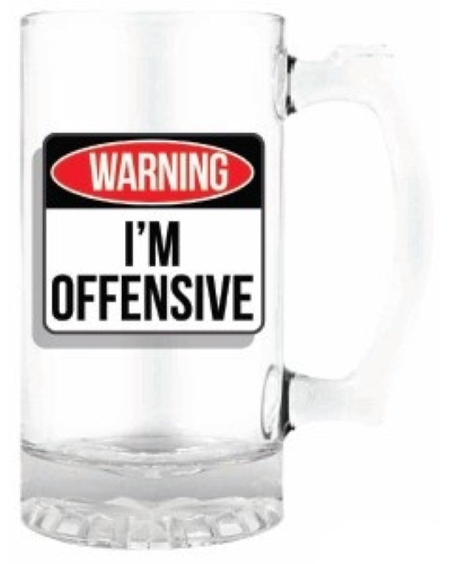 Humorous 490ml tankard with "Warning I'm Offensive" print, perfect for bold drinkers and unique gift-givers.