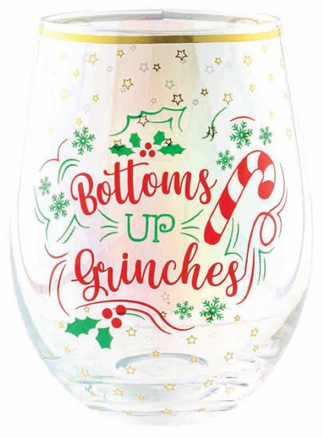 Stemless wine glass featuring whimsical Grinch design, ideal for holiday gatherings and festive beverages.