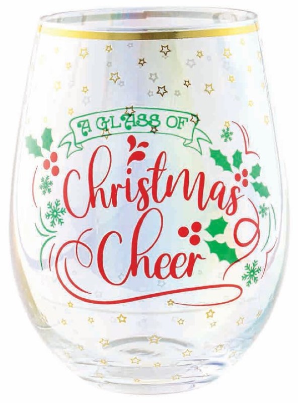 Stemless wine glass designed for holiday drinks, adding elegance and cheer to Christmas celebrations.