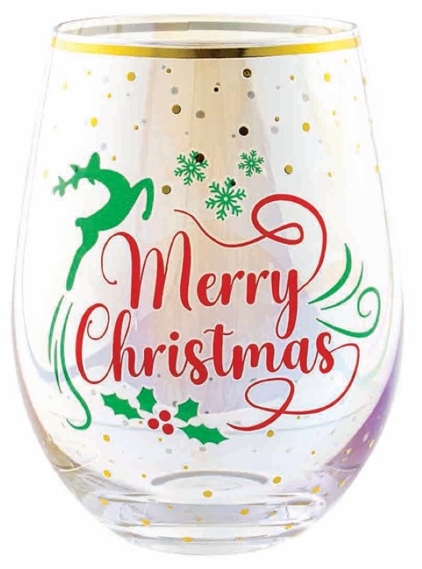 Stemless wine glass featuring a festive "Merry Christmas" design, perfect for holiday gatherings and celebrations.