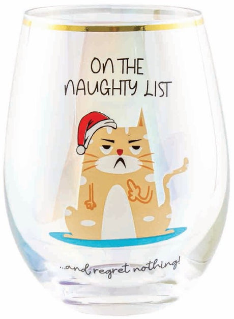 Cheeky stemless wine glass declaring "On the Naughty List," perfect for fun gatherings and as a playful gift.