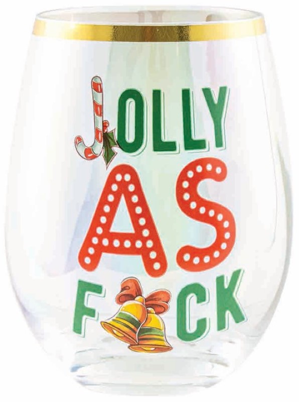 Stylish stemless wine glass featuring a fun "Jolly As" design, perfect for casual gatherings and outdoor picnics.