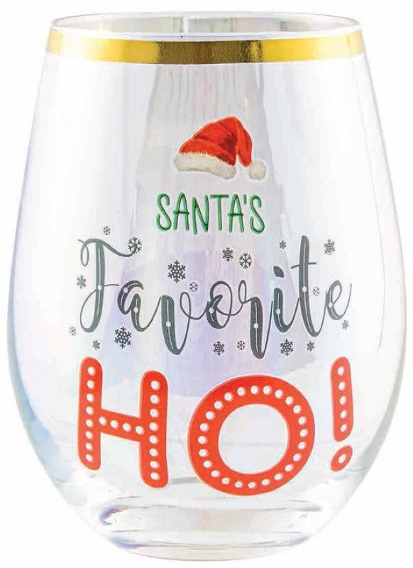 Whimsical stemless wine glass featuring "Santa's Favourite Ho," perfect for holiday celebrations and wine lovers.