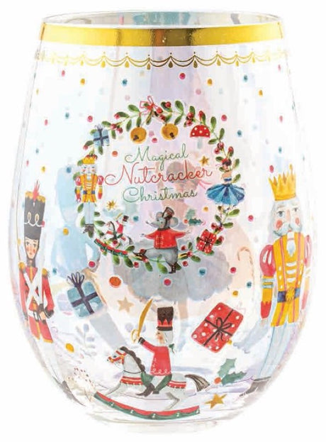 Stemless glass with a festive Nutcracker design, perfect for elevating drinks at holiday gatherings.