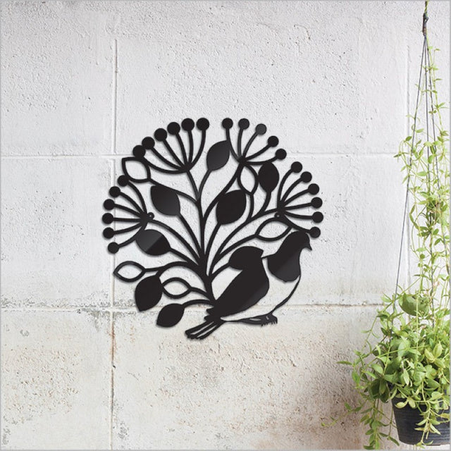 Black wall art featuring a Kereru and Pohutukawa in a circular design, crafted from durable Aluminium Composite Material.