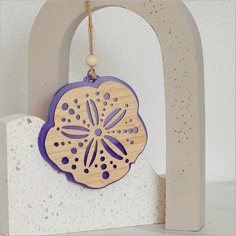 Purple satin acrylic hanging ornament, intricately laser-cut bamboo design, perfect for home decor or gifting.