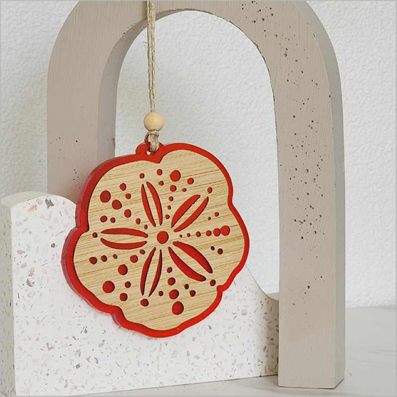 Vibrant red satin acrylic hanging ornament in unique design, perfect for Christmas tree decor, measures 87mm x 105mm.