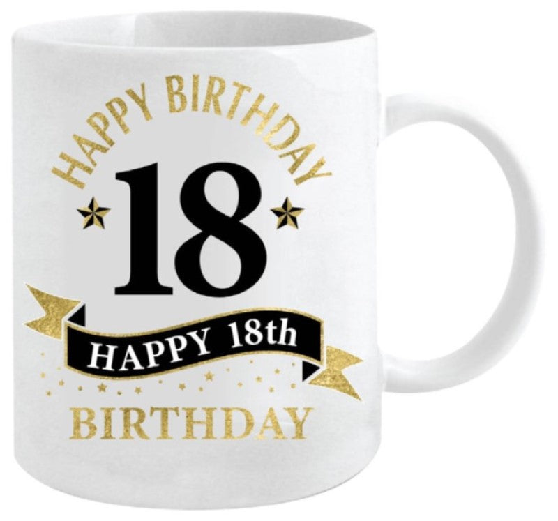 Elegant white ceramic mug with gold accents, celebrating the 18th birthday, holds 360ml for beverages or decoration.