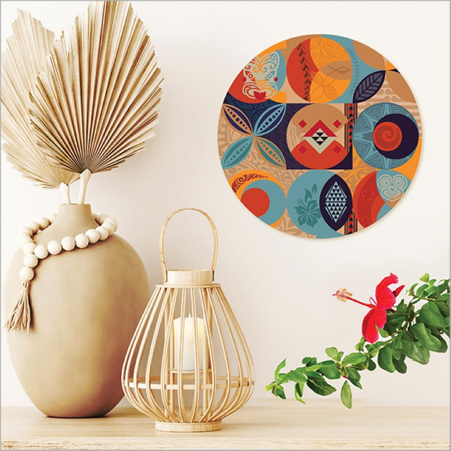 Large printed canvas circle featuring Pacific Fusion design, inspired by Kiwiana, ready to hang with vivid colors.