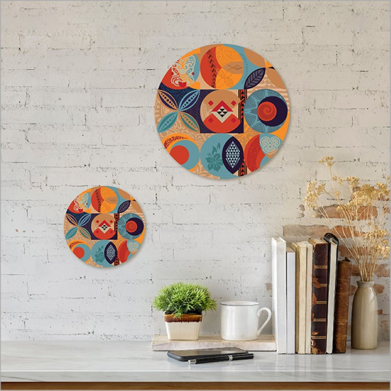 Large printed canvas circle featuring vibrant Pacific Fusion design, celebrating Kiwiana culture, arrives ready to hang.