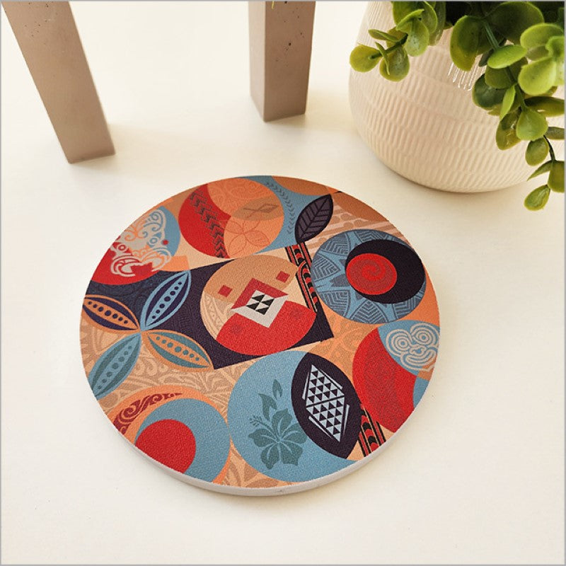 Vibrant 150mm Pacific Fusion 2 printed canvas circle, showcasing Kiwiana art, ready to hang, perfect for home decor.