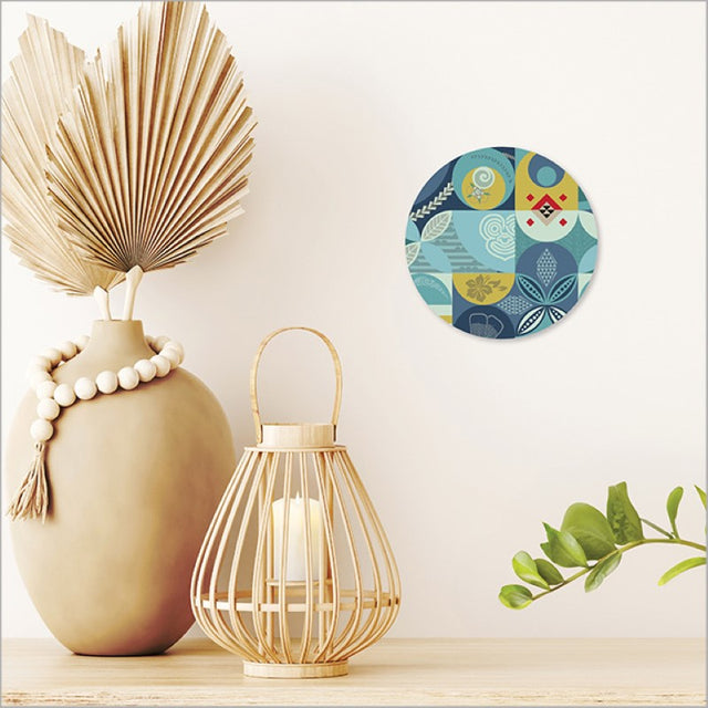 Vibrant Kiwiana printed canvas circle, 150mm diameter, ready to hang, perfect for home or office decor.