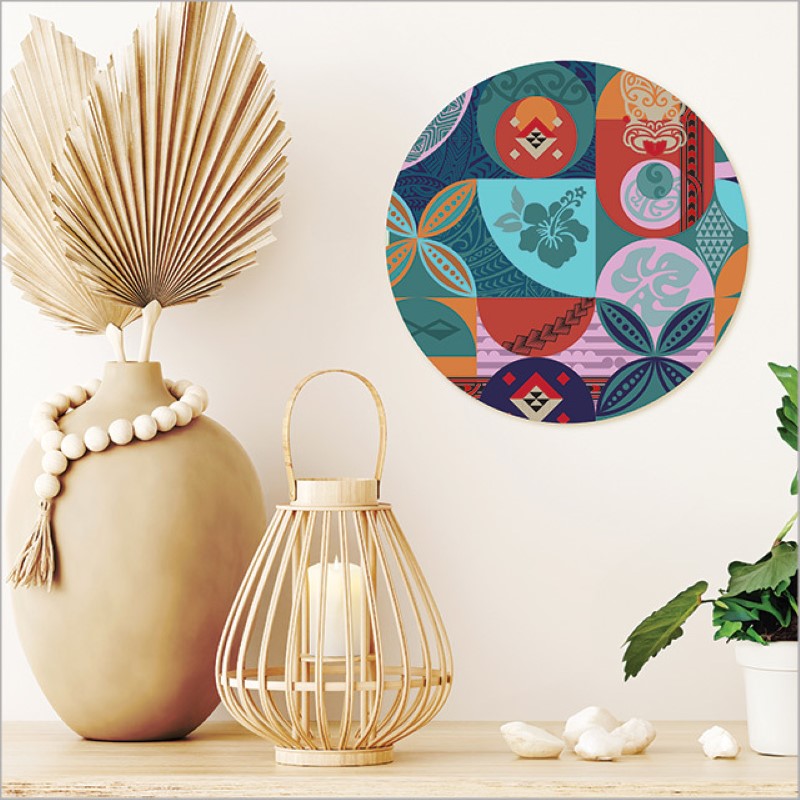 Large printed canvas circle featuring vibrant Kiwiana designs, 250mm diameter, ready to hang, perfect for home decor.