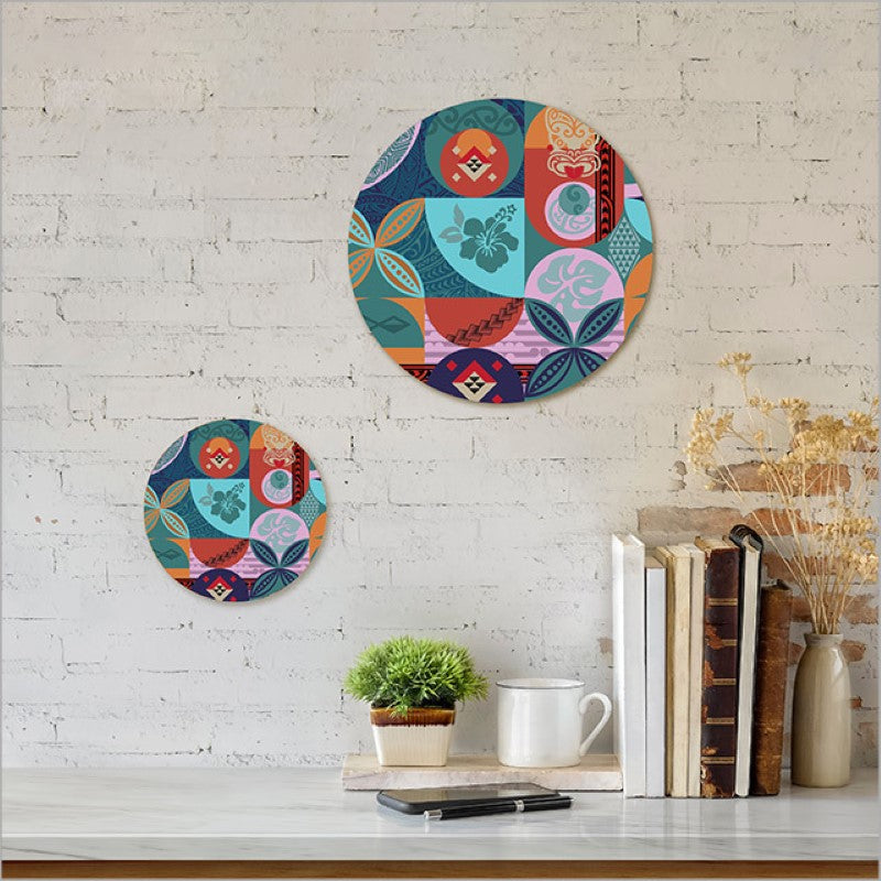 Vibrant 150mm printed canvas circle featuring Kiwiana artwork, perfect for home decor and easy to hang.