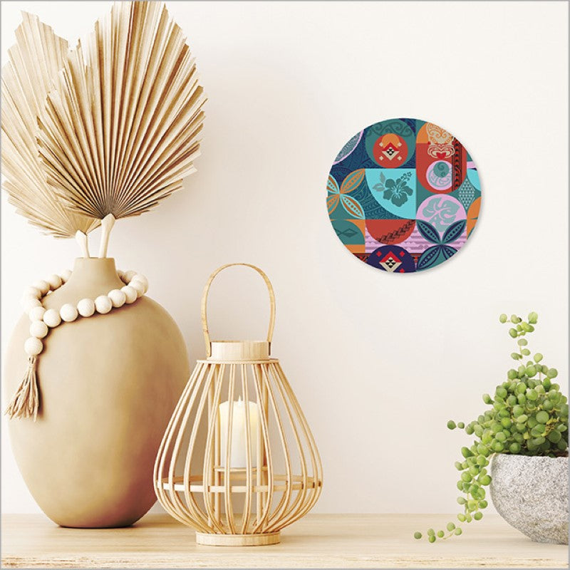 Vibrant printed canvas circle featuring New Zealand-inspired art, perfect for home decor and easy to hang.