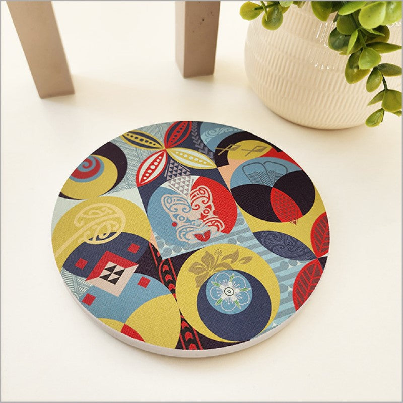 Vibrant small circular canvas wall art featuring Pacific Fusion design, perfect for Kiwiana-inspired decor.