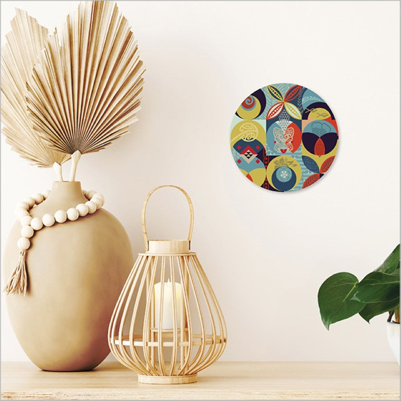 Vibrant 150mm Kiwiana canvas circle featuring Pacific Fusion design, ready to hang for stylish wall decor.