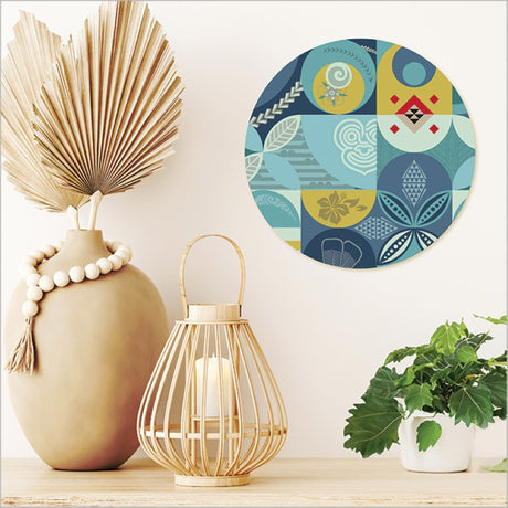 Large printed canvas circle featuring vibrant Kiwiana imagery, perfect for enhancing home or office decor.