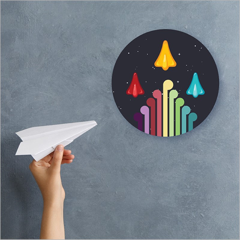 Colorful printed canvas circle featuring jet planes and Koru, showcasing Kiwiana charm in a large 250mm design.