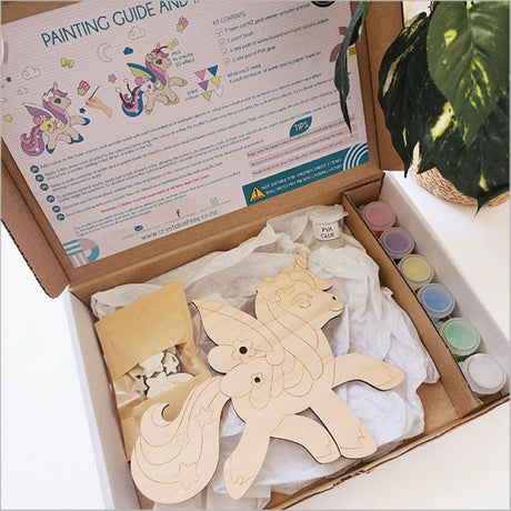 Creative Pine DIY Paint Kit featuring a laser-cut unicorn, vibrant paints, and all tools for kids' artistic adventures.