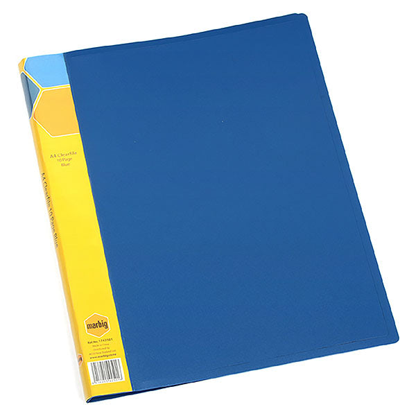 Marbig Display Book in Blue with 10 durable pockets and insertable spine for customizable document organization.