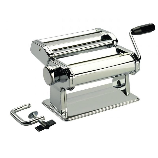 Avanti Stainless Steel Pasta Making Machine with adjustable rollers for fresh pasta like fettuccine and spaghetti.