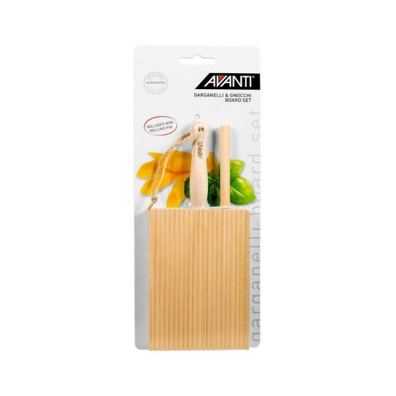 Avanti Garganelli & Gnocchi Board Set featuring a grooved non-stick wood board and mini rolling pin for easy pasta making.