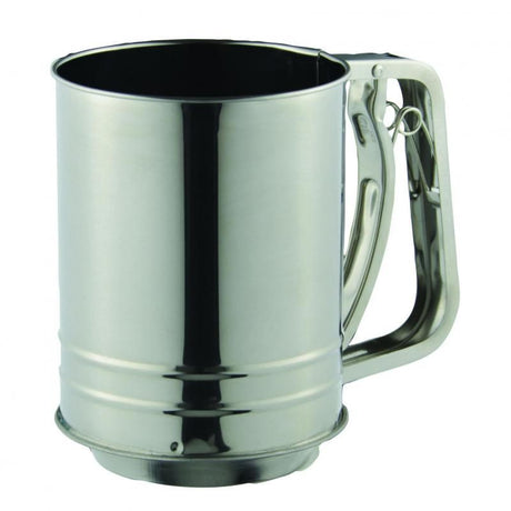 Stainless steel Avanti flour sifter with a crank handle, sifting up to 3 cups of flour for light, fluffy baked goods.